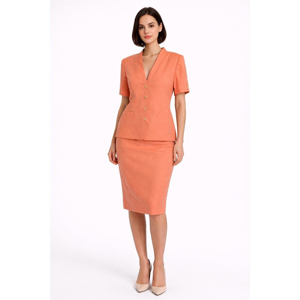 1980s Oleg Cassini peach two piece skirt suit size 10